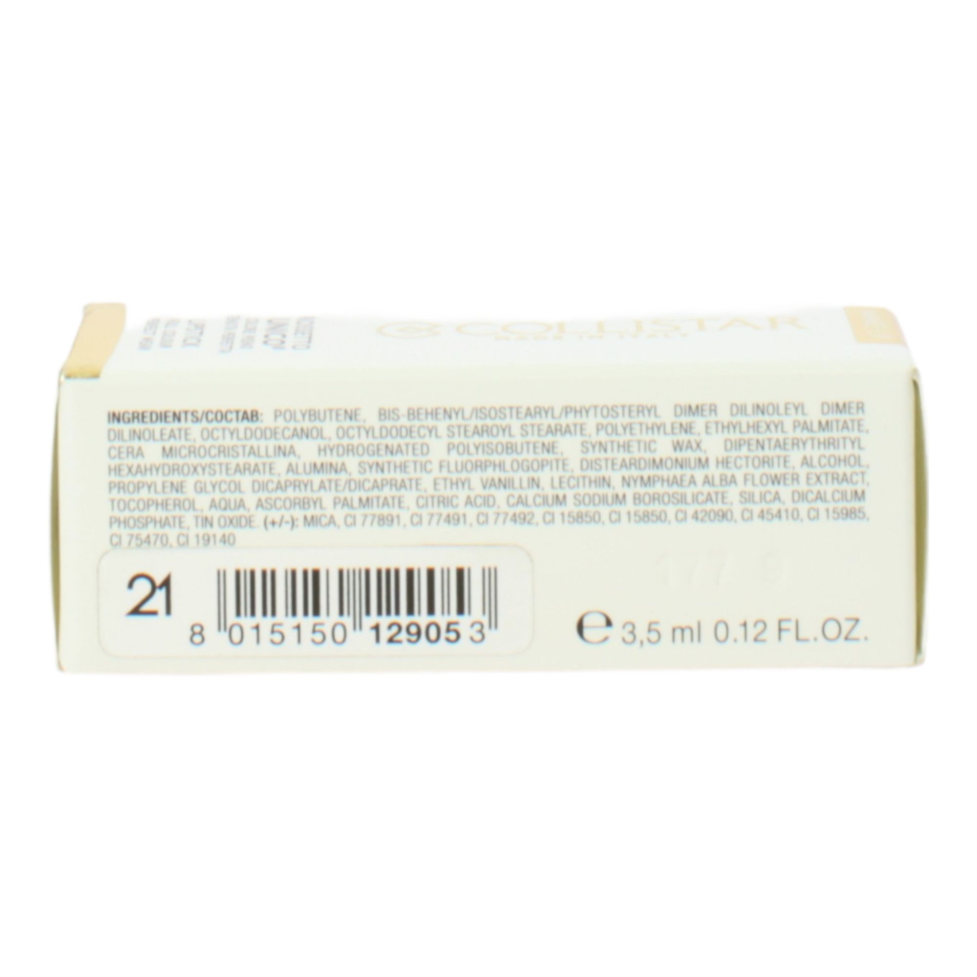 Confezione in cartone. Testo: Ingredienti, 3,5 ml, 0,12 FL.OZ. Codice a barre e numero 21. Scritta: Collistar.