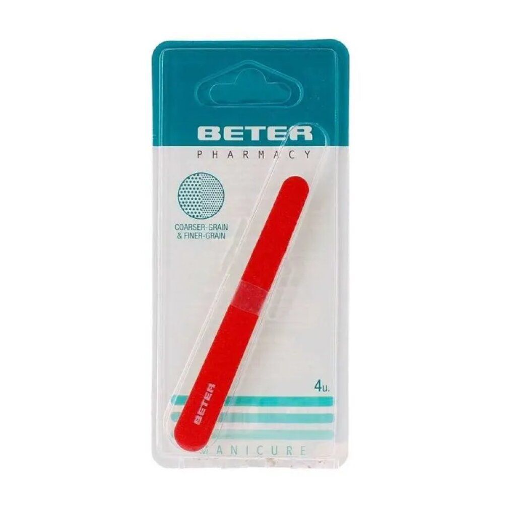 Lima per unghie rossa in confezione blister. Scritta: BETER PHARMACY, 4u.