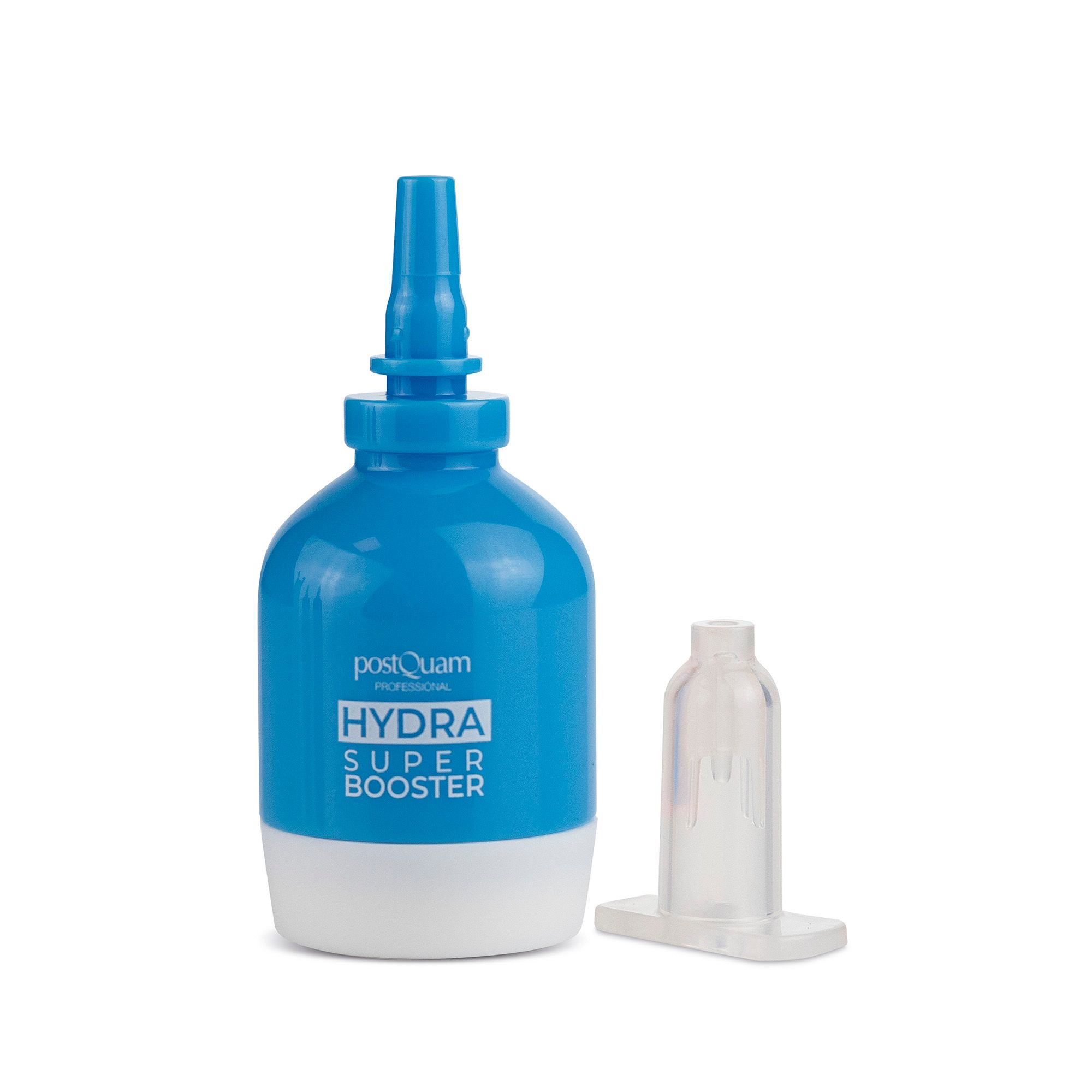 Flacone blu e bianco con applicatore e applicatore trasparente separato. Scritta: PostQuam HYDRA SUPER BOOSTER.