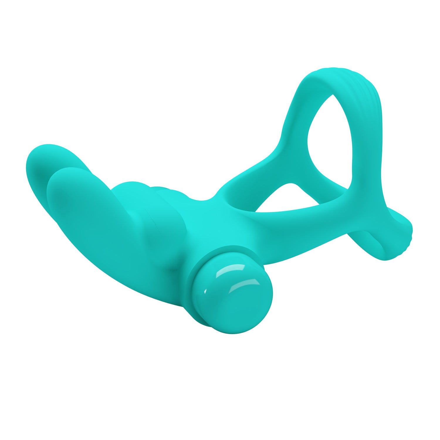 Anello turchese con due orecchie e un elemento rotondo. Pulsante nero sulla parte superiore. In silicone.