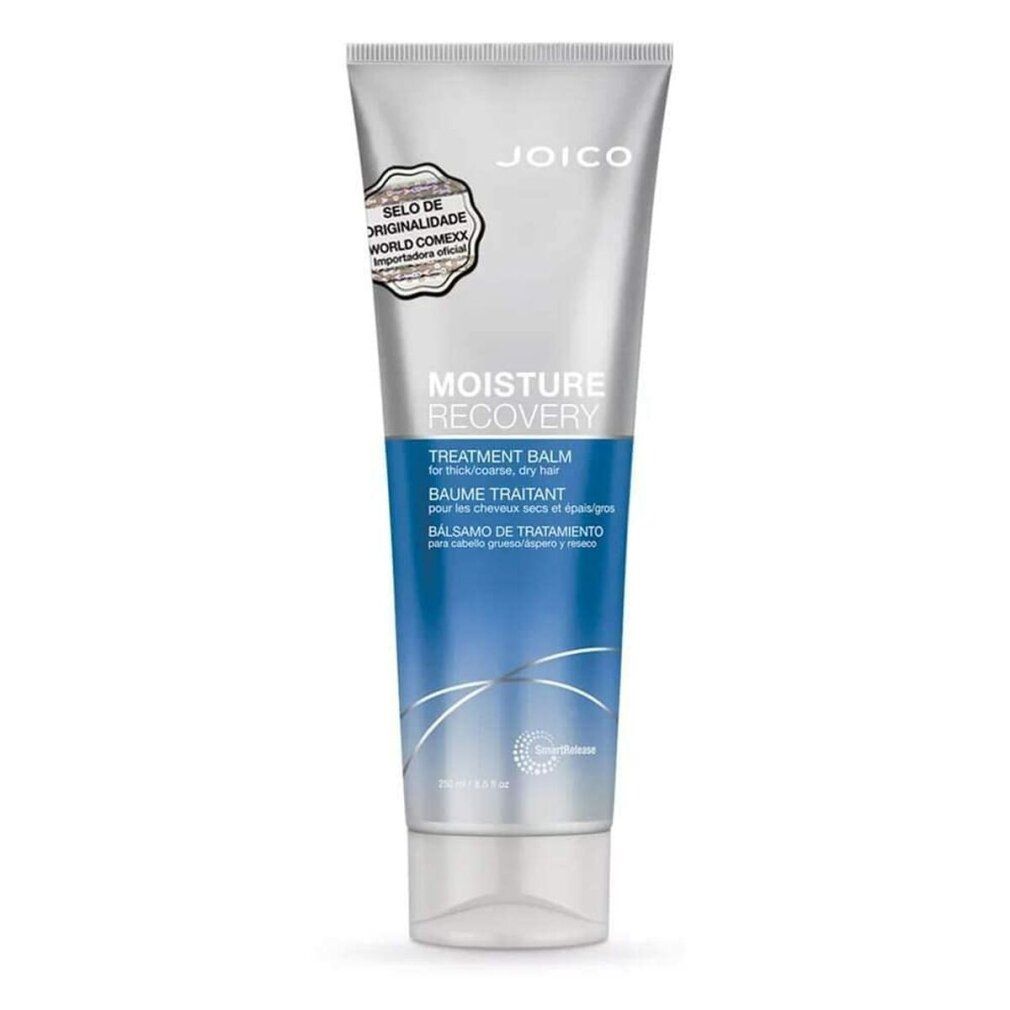 Tubo cilindrico con sfumatura blu e bianca. Scritta: JOICO, MOISTURE RECOVERY, TREATMENT BALM. Per capelli spessi e secchi. Con sigillo.