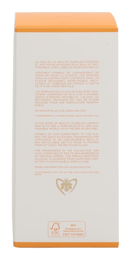Retro della confezione. Testo in inglese e francese. Logo FSC. Logo Mix. Testo: Au nom de la beauté, Guerlain s'engage.