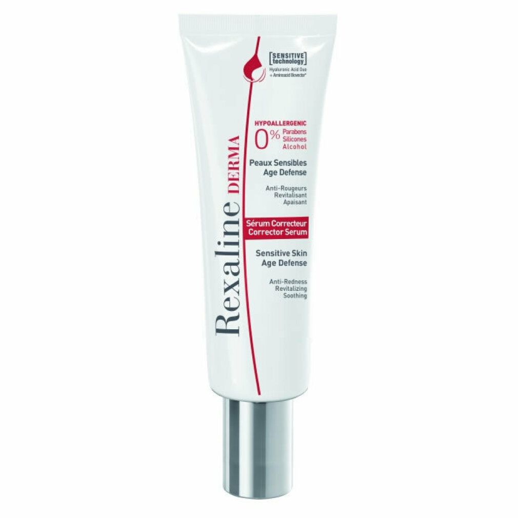 Tubo bianco con chiusura argentata. Scritta: Rexaline Derma, Sérum Correcteur, Sensitive Skin.