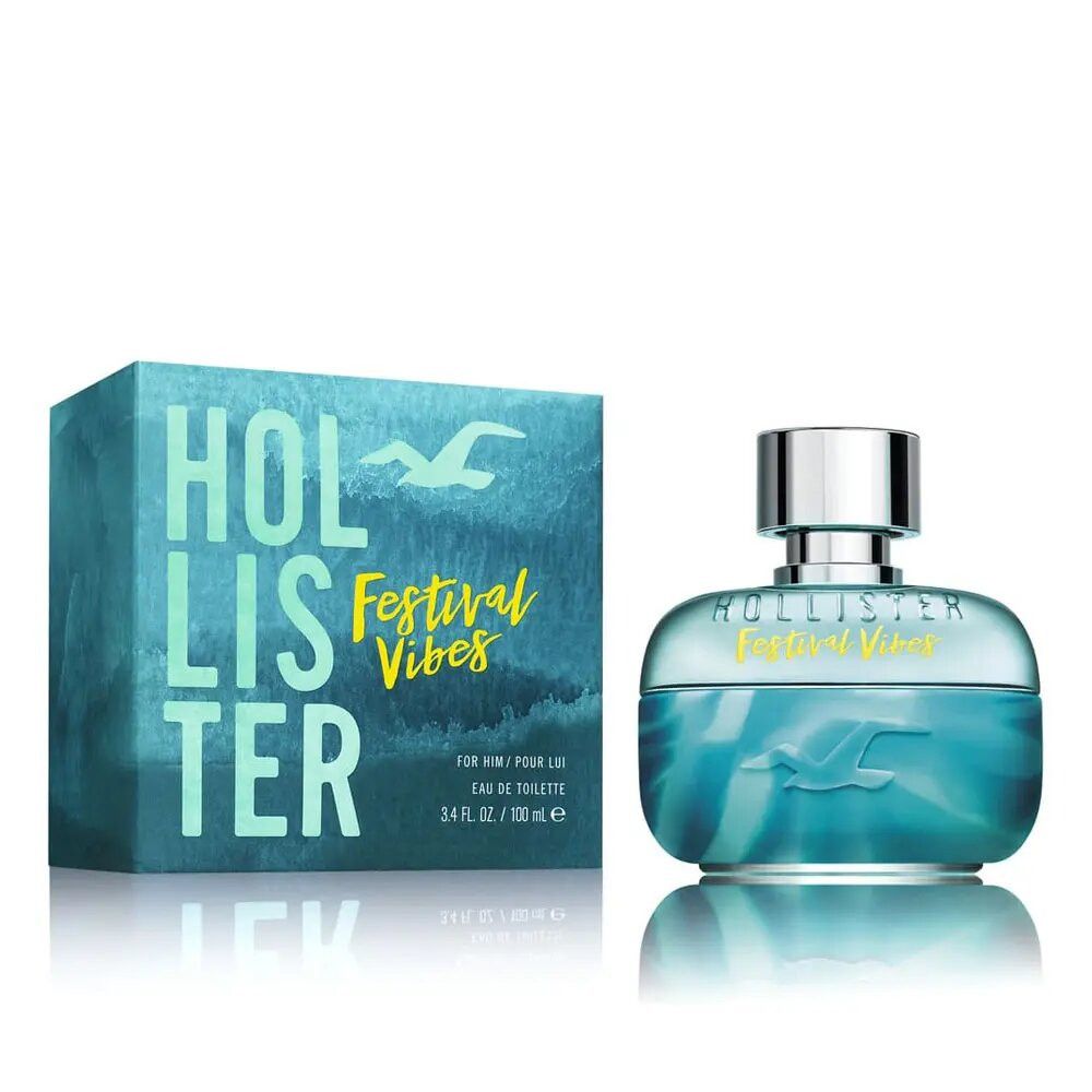 Flacone e scatola blu turchese. Scritta: Hollister Festival Vibes. Flacone con tappo argentato. Sulla scatola c'è scritto « For Him ».