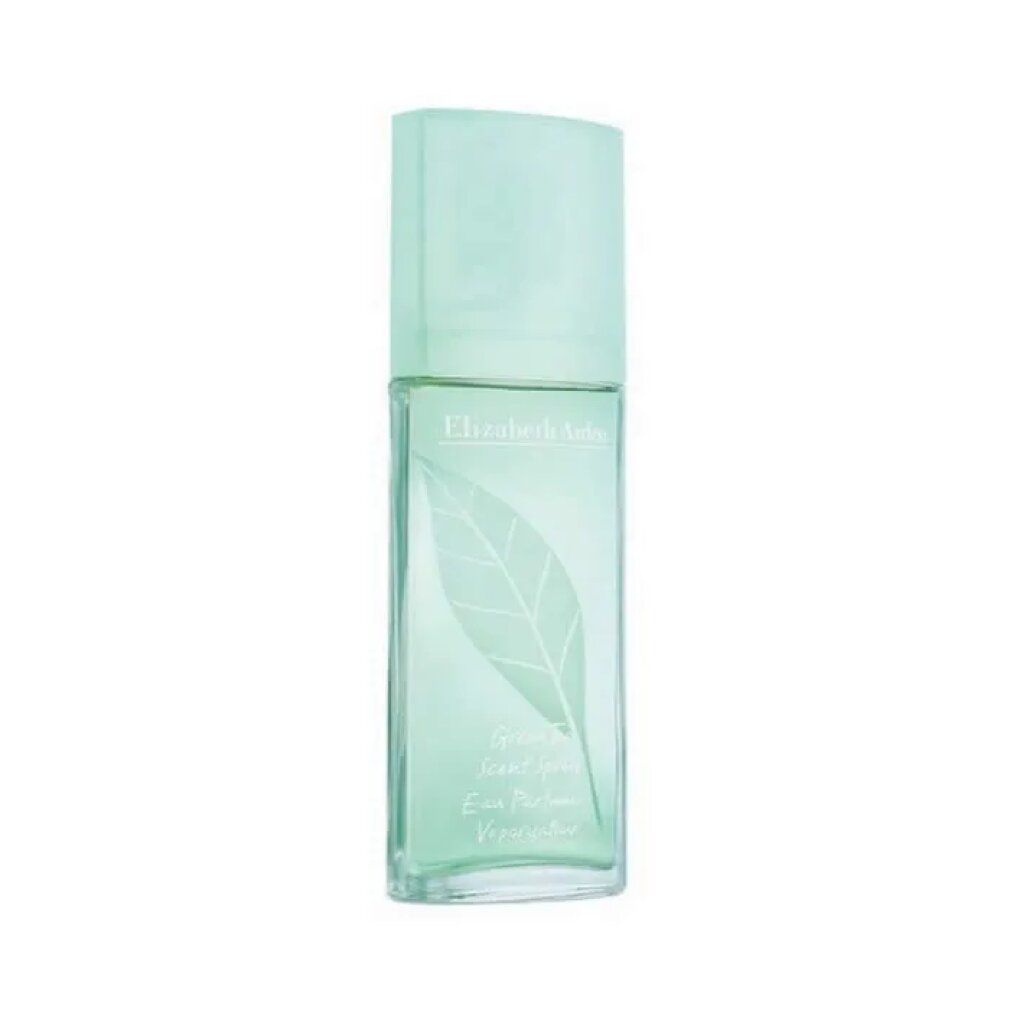 Spray Eau Parfumée Green Tea. Flacone rettangolare, tappo verde. Logo foglia e testo.