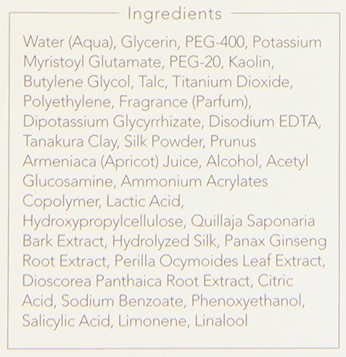 Testo con gli ingredienti del prodotto. Elenco di acqua, glicerina, caolino, polvere di seta e altri ingredienti.
