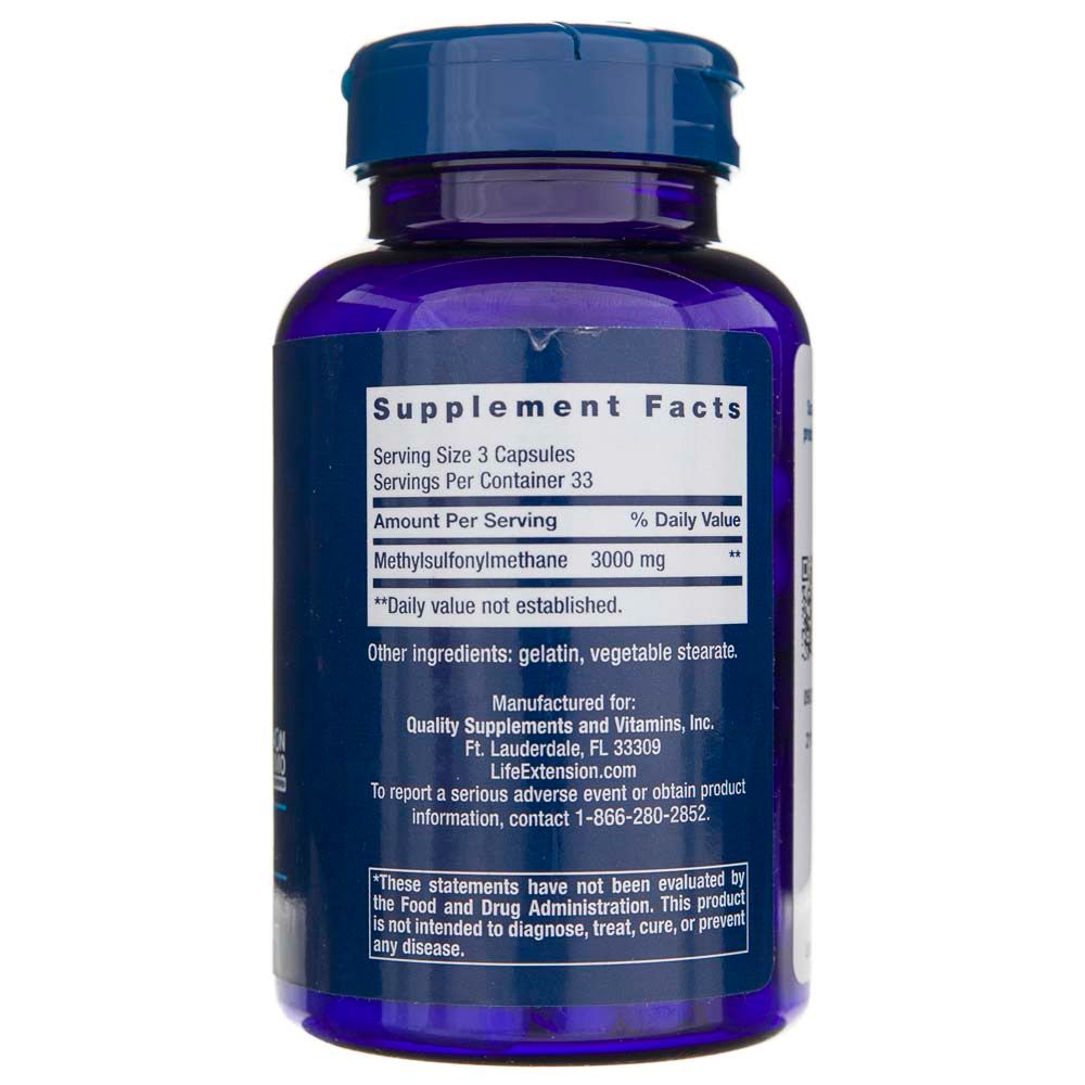 Retro della bottiglia Life Extension MSM 1000 mg con informazioni nutrizionali e del produttore.