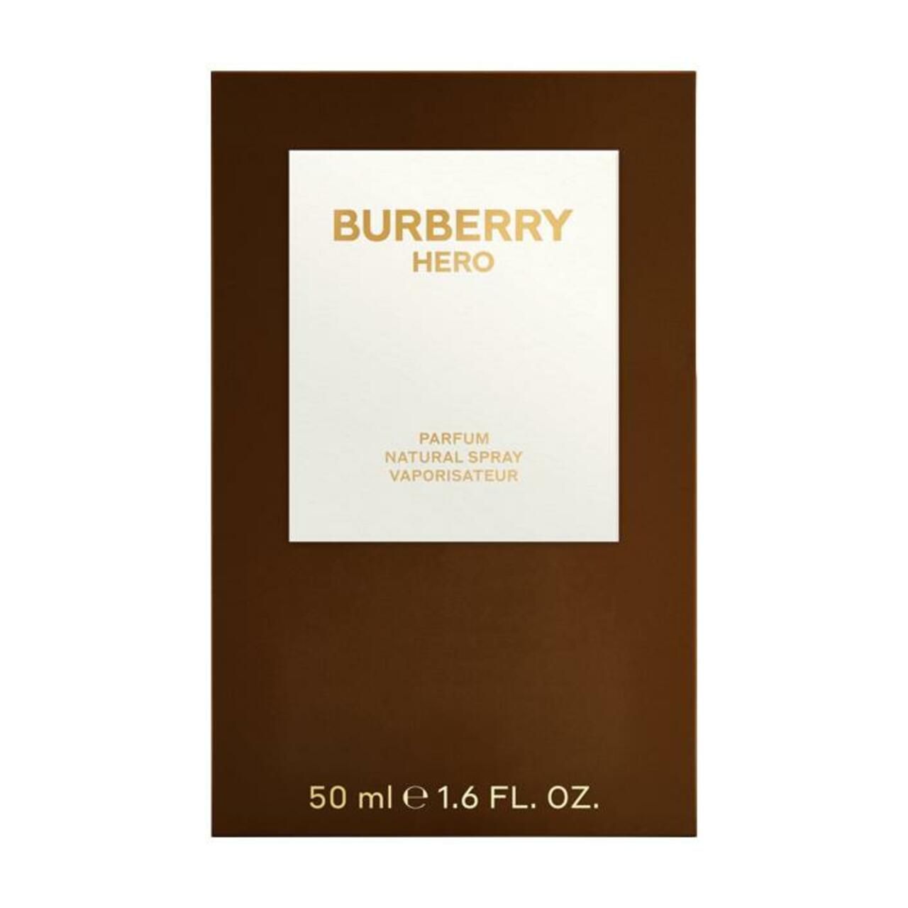 Confezione Burberry Hero Parfum Nat. Spray. Scatola marrone con campo bianco e scritta dorata. 50 ml.