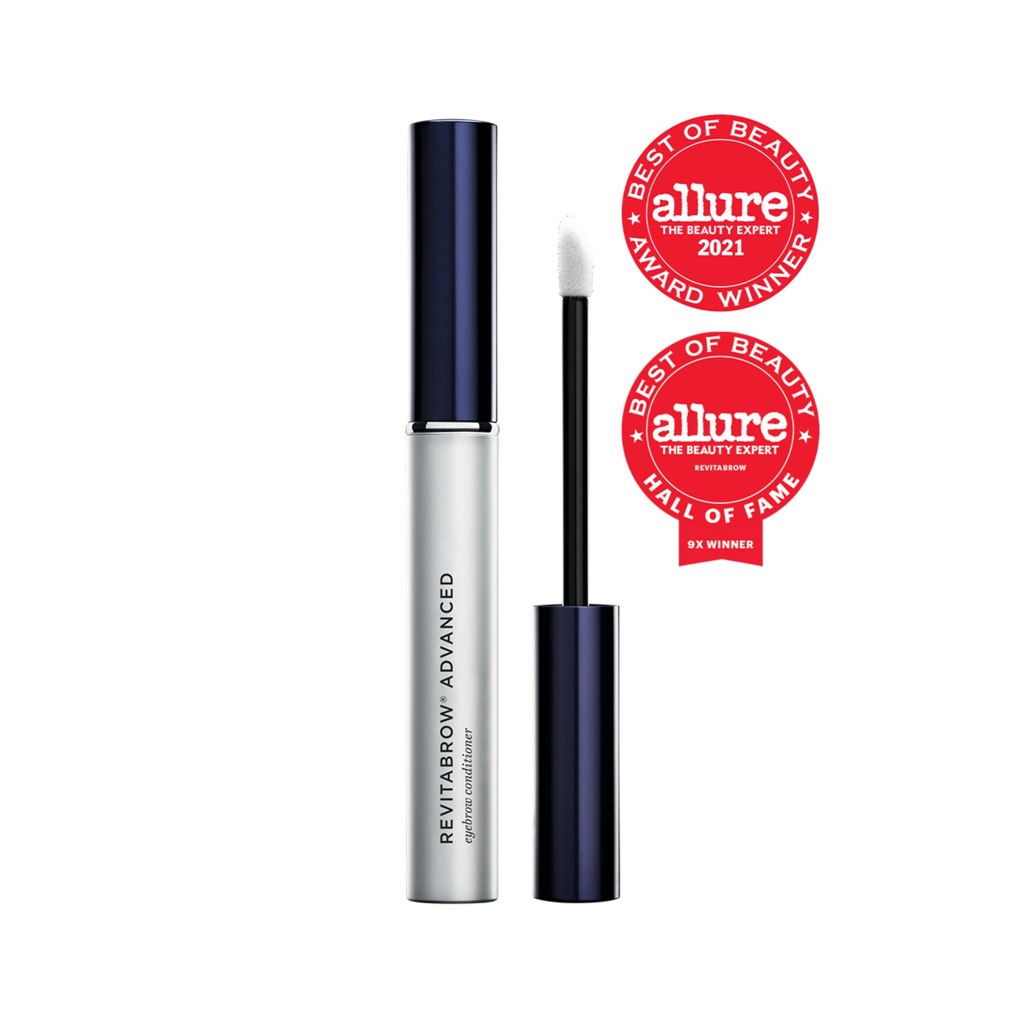 Due premi "Best of Beauty" accanto a un tubo e un applicatore. Tubo con tappo blu, corpo argentato e nome del prodotto.
