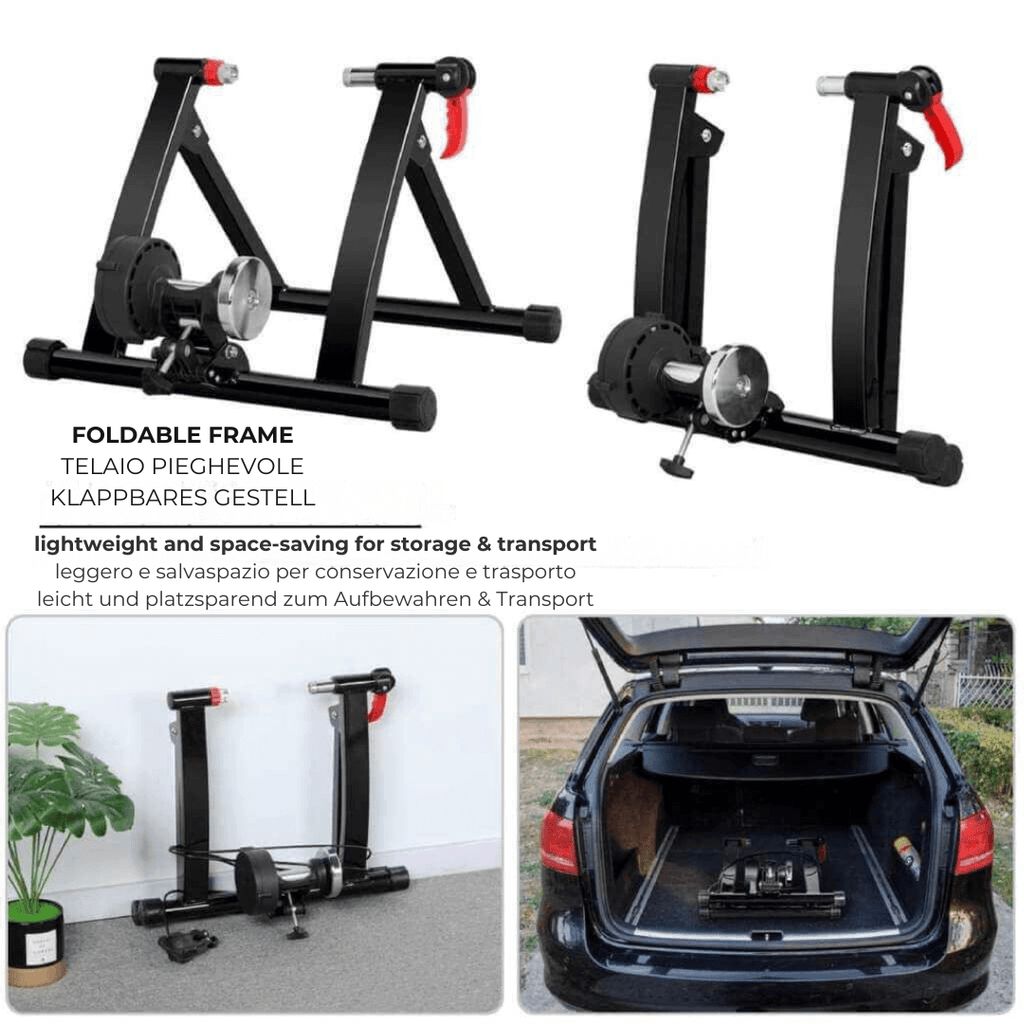 Diverse immagini di un rullo per bici pieghevole nero. Testo: FOLDABLE FRAME. Leggero e salvaspazio.