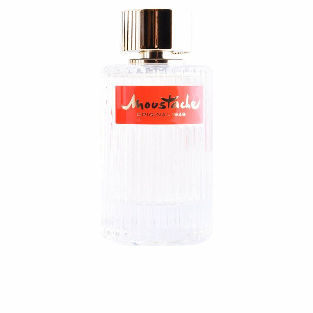 Flacone di Rochas Moustache Eau de Toilette. Forma cilindrica, vetro scanalato, etichetta rossa con testo dorato, tappo dorato.