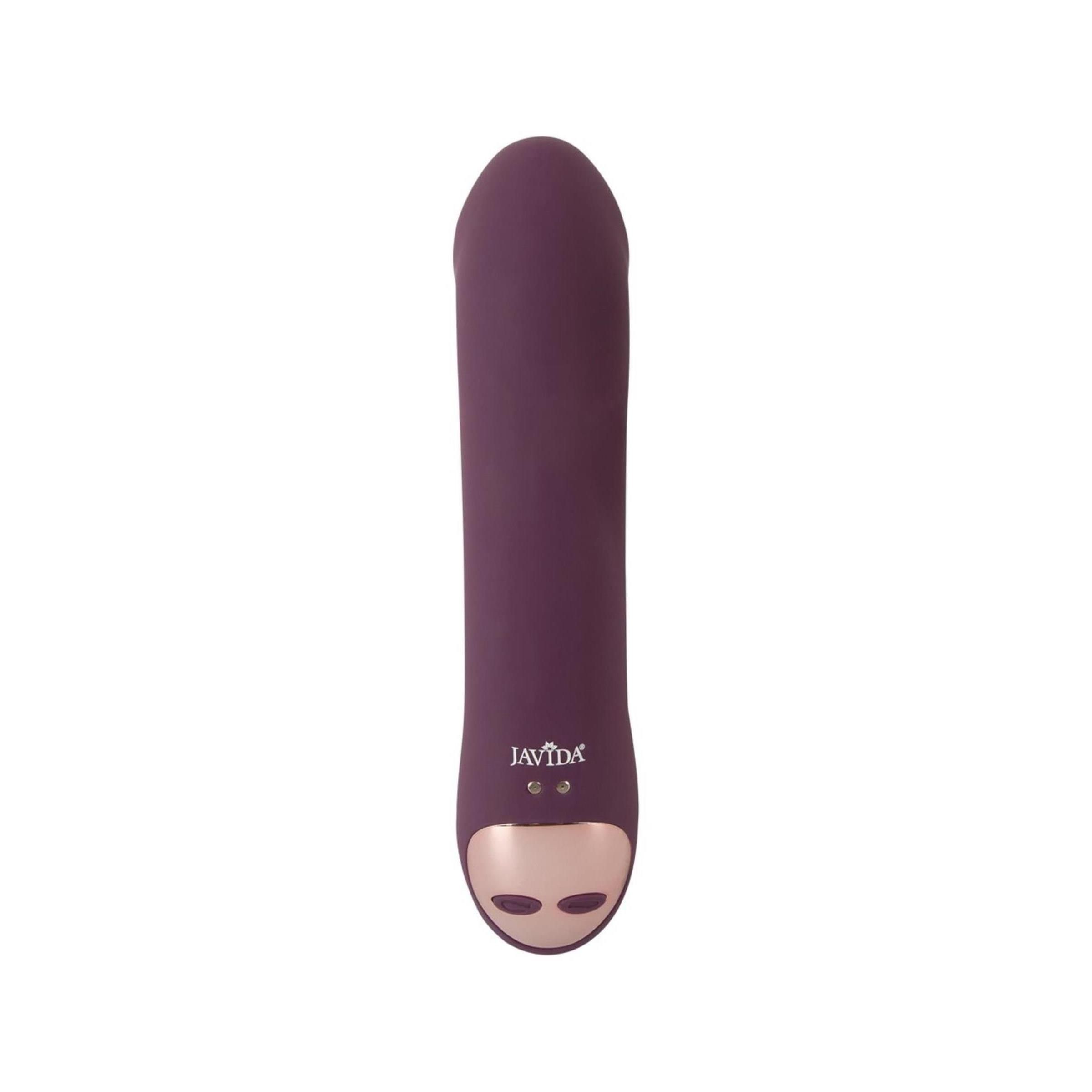 Vibratore viola dritto. Con accessorio stimolatore e anello dorato. Marchio JAVIDA. Su sfondo bianco.