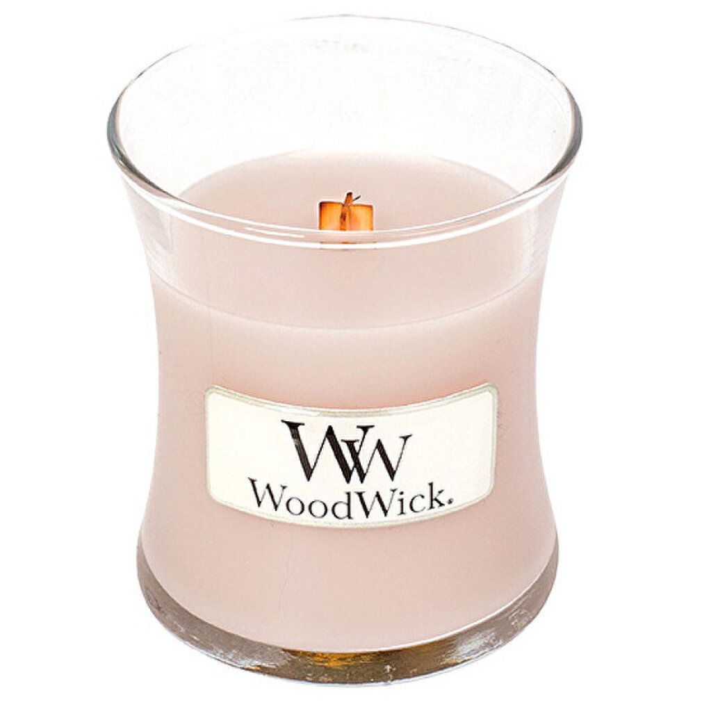 Candela a clessidra. Etichetta con marchio WoodWick. Senza coperchio.