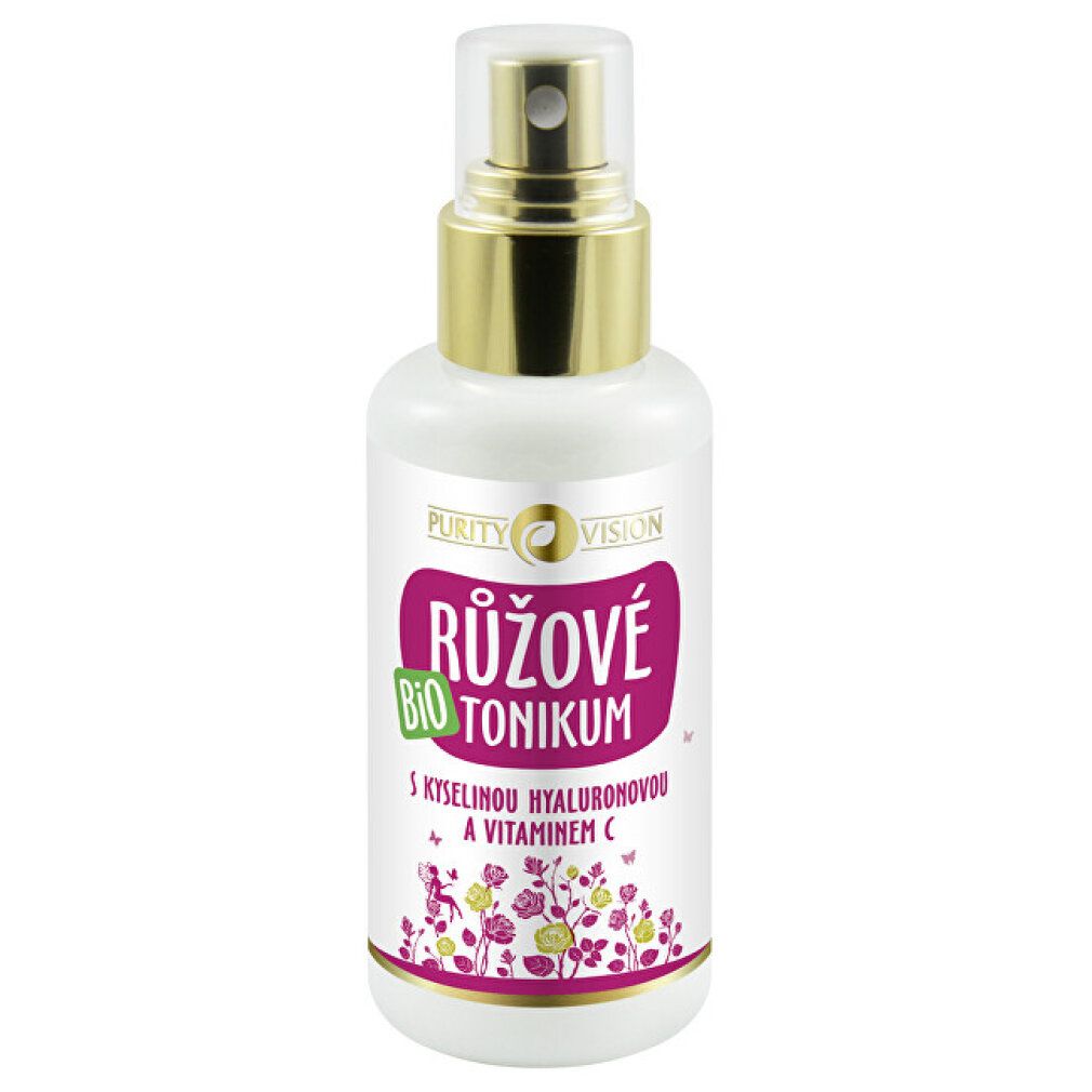Flacone spray bianco con tappo dorato ed etichetta con la scritta "RŮŽOVÉ BIO TONIKUM".