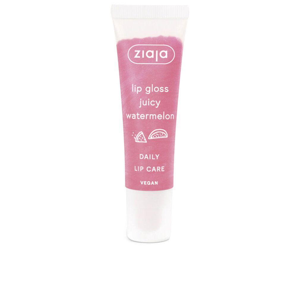 Tubo di lucidalabbra rosa. Scritte: Ziaja, lip gloss juicy watermelon, Daily Lip Care, Vegan.