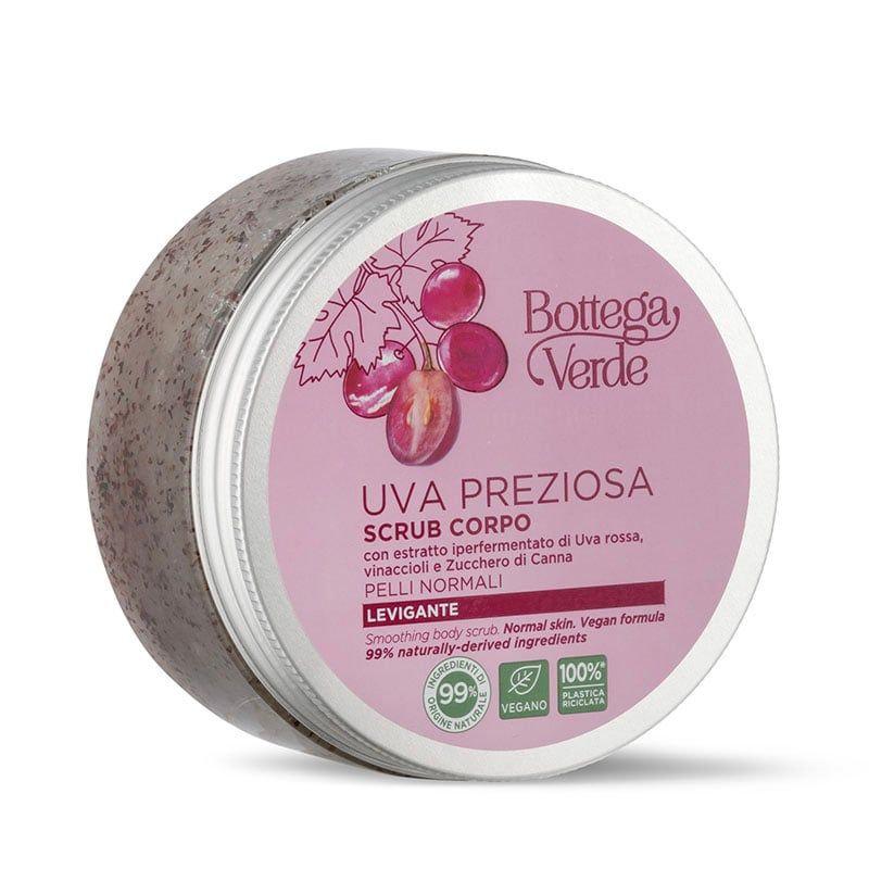Vaso rotondo con etichetta rosa. Scritta: Bottega Verde, Uva Preziosa, Scrub corpo levigante. Vegano, 99% ingredienti naturali.