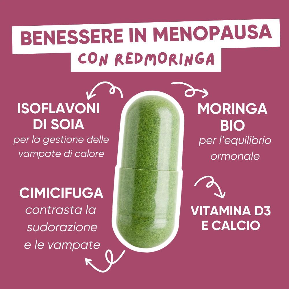Capsula verde. Testo: Isoflavoni di soia, Moringa BIO, Cimicifuga, Vitamina D3 e Calcio. Per il benessere in menopausa.