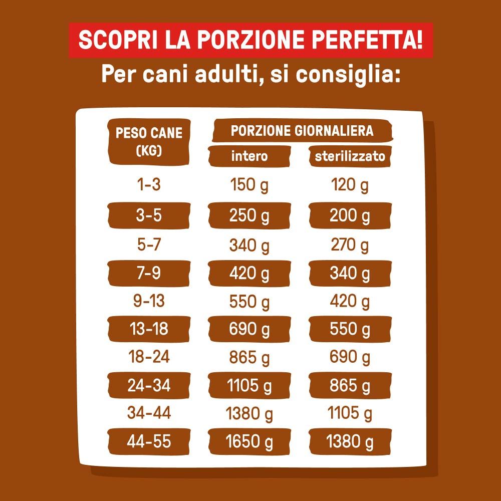 Tabella di dosaggio per Dog Heroes Beef Bowl. Raccomandazioni per cani adulti, in base al peso del cane. Porzioni per cani.