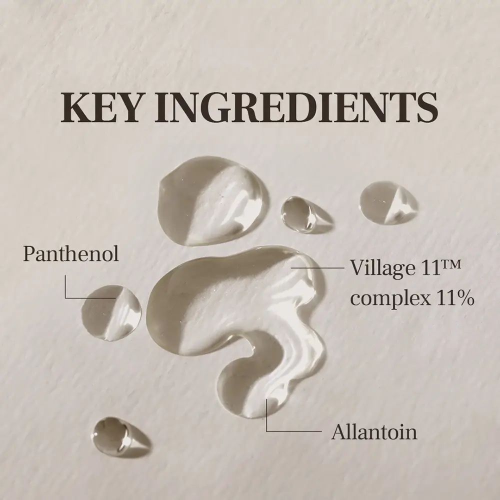 Primo piano di gocce che rappresentano gli ingredienti: Pantenolo, Village 11™ complex 11% e Allantoina.