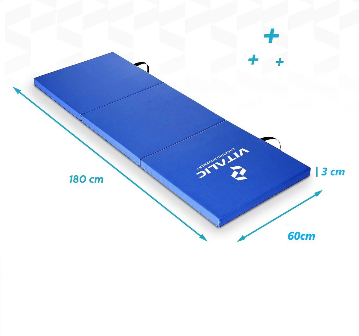 Tappetino yoga blu rettangolare, dimensioni 180x60x3 cm. Logo VITALIC. Maniglie nere.