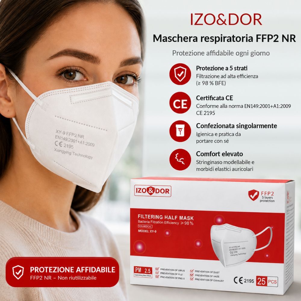 Donna con maschera FFP2 bianca, confezione del prodotto e caratteristiche: 5 strati, certificata CE, confezionata singolarmente.