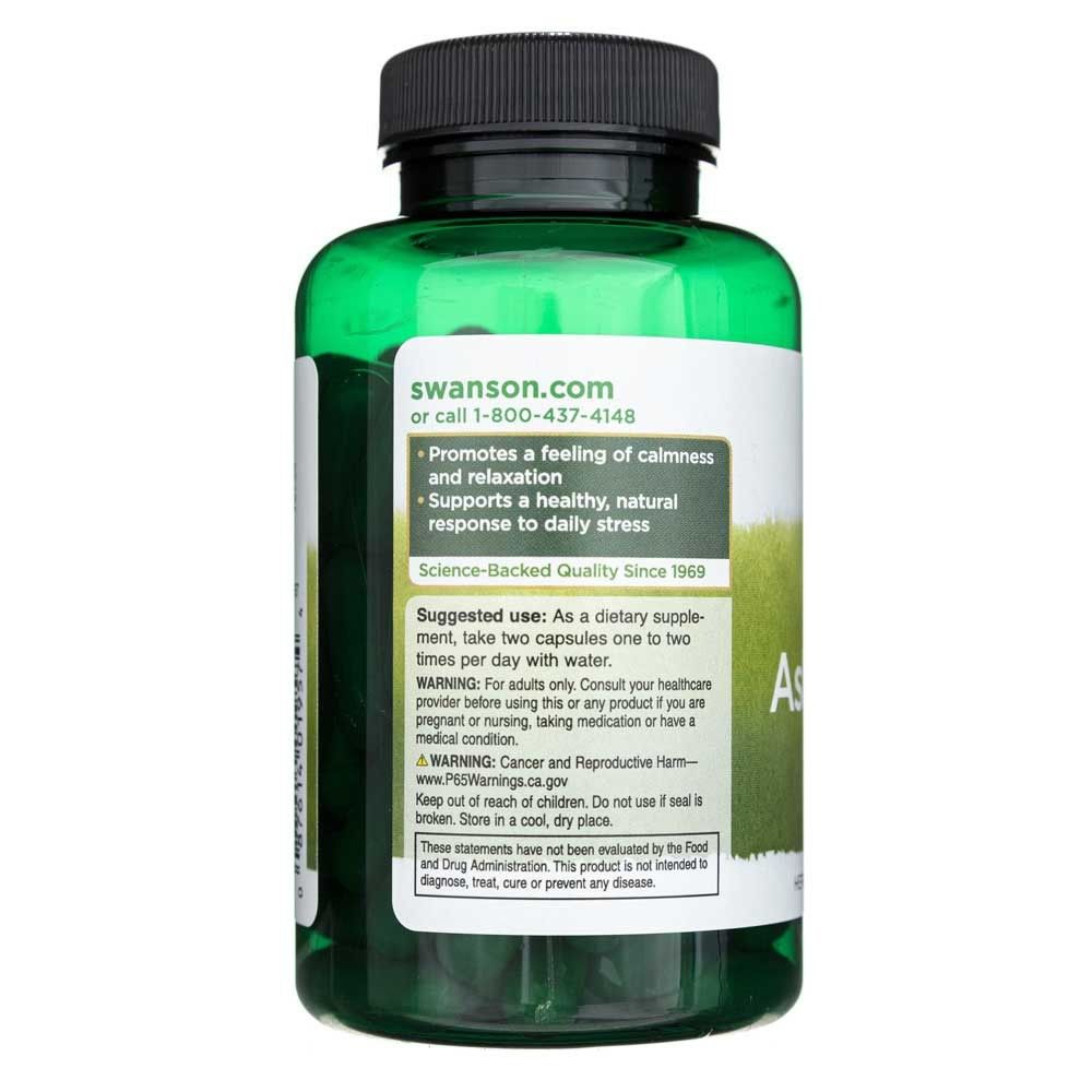 Retro di un flacone verde di capsule di Ashwagandha, che mostra le istruzioni per l'uso e gli avvertimenti.