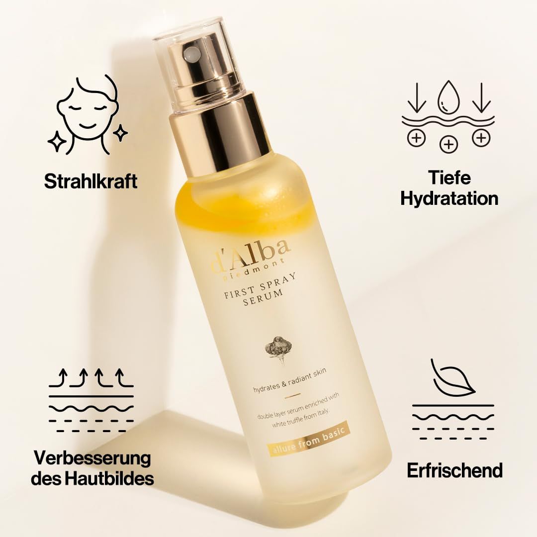 D'alba First Spray Serum. Flacone con icone: luminosità, idratazione profonda, miglioramento della pelle, rinfrescante.