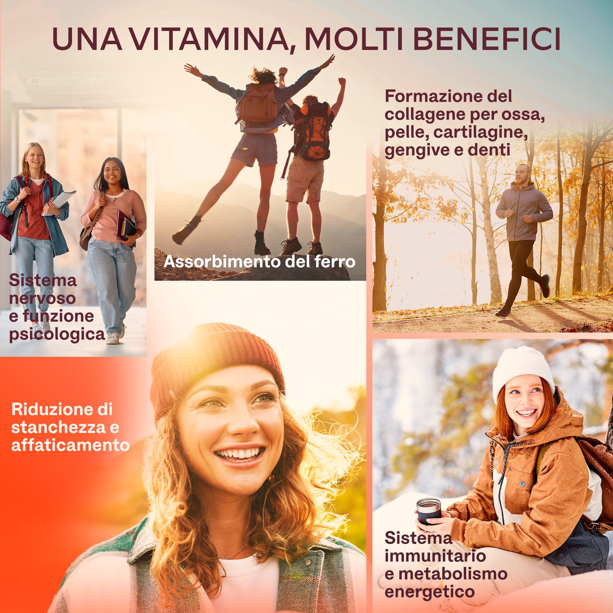 Diverse immagini con persone. Benefici della vitamina C.