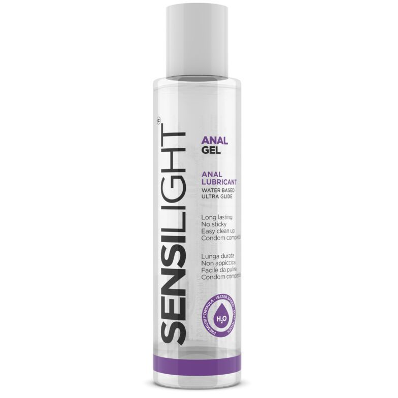 Flacone di gel anale Sensilight, a base d'acqua, ultra scorrevole, compatibile con preservativi.