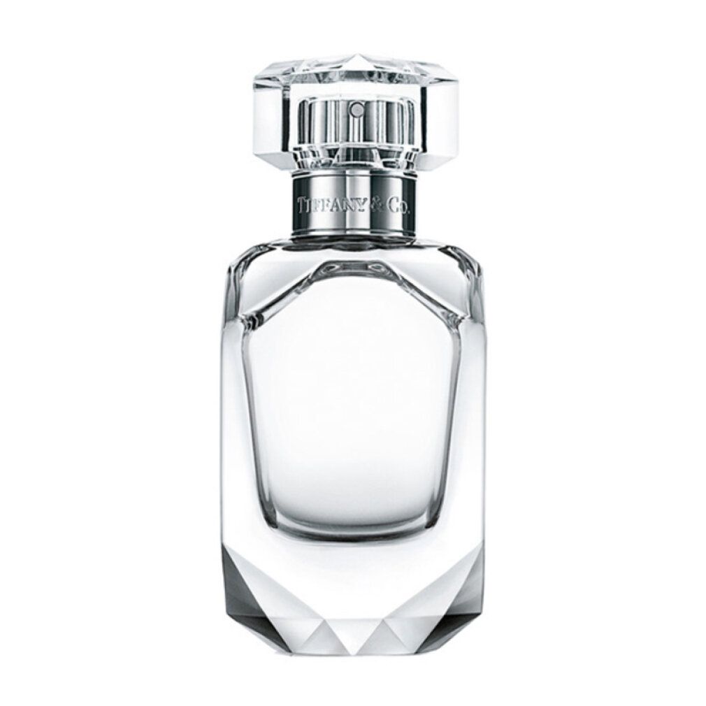Flacone di profumo con tappo argentato. Flacone trasparente sfaccettato. "Tiffany & Co." sul tappo.