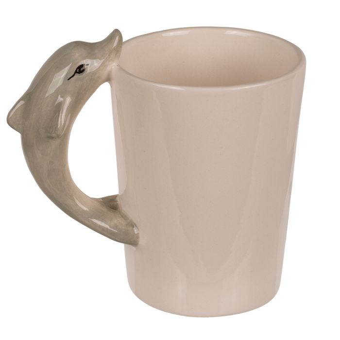 Tazza con manico a forma di delfino. Il manico è un delfino grigio. Marchio: Out of the blue.