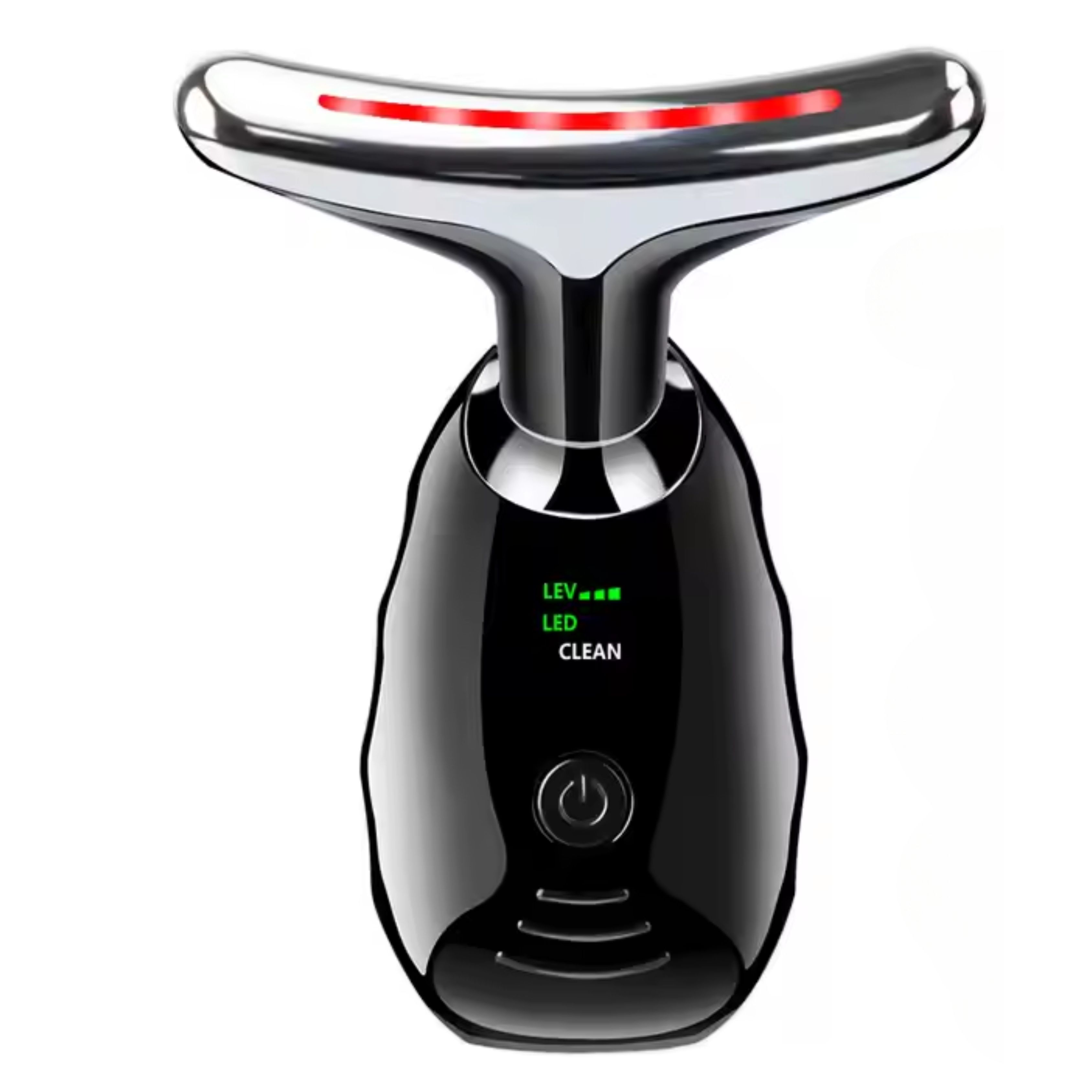 Massaggiatore viso e collo nero con punta argentata e indicatore LED rosso. Pulsante e indicatore LED verde sull'impugnatura.