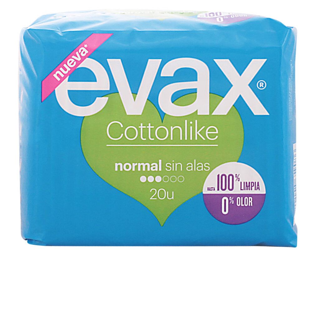 Confezione blu di assorbenti Evax Cottonlike Normal. Scritte: 20 pezzi, 100% pulito, 0% odore.