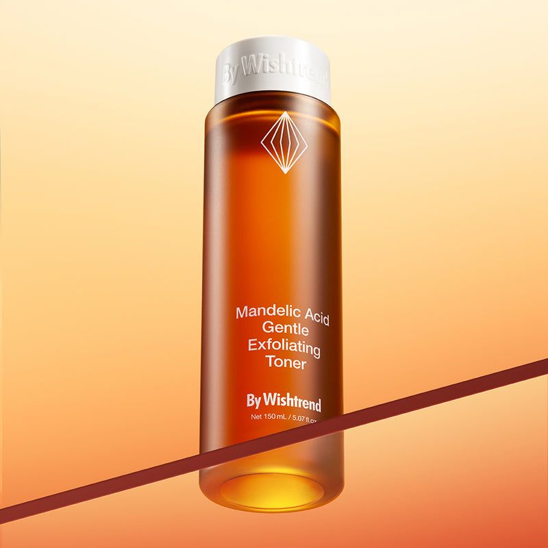 Flacone in vetro marrone con tappo bianco, By Wishtrend Mandelic Acid Gentle Exfoliating Toner.