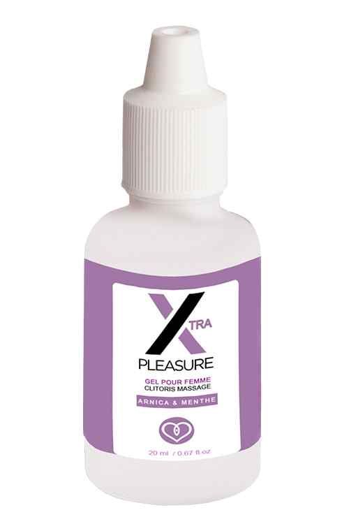 Flacone bianco, etichetta viola. Scritta: Xtra Pleasure, Gel per clitoride. 20 ml.