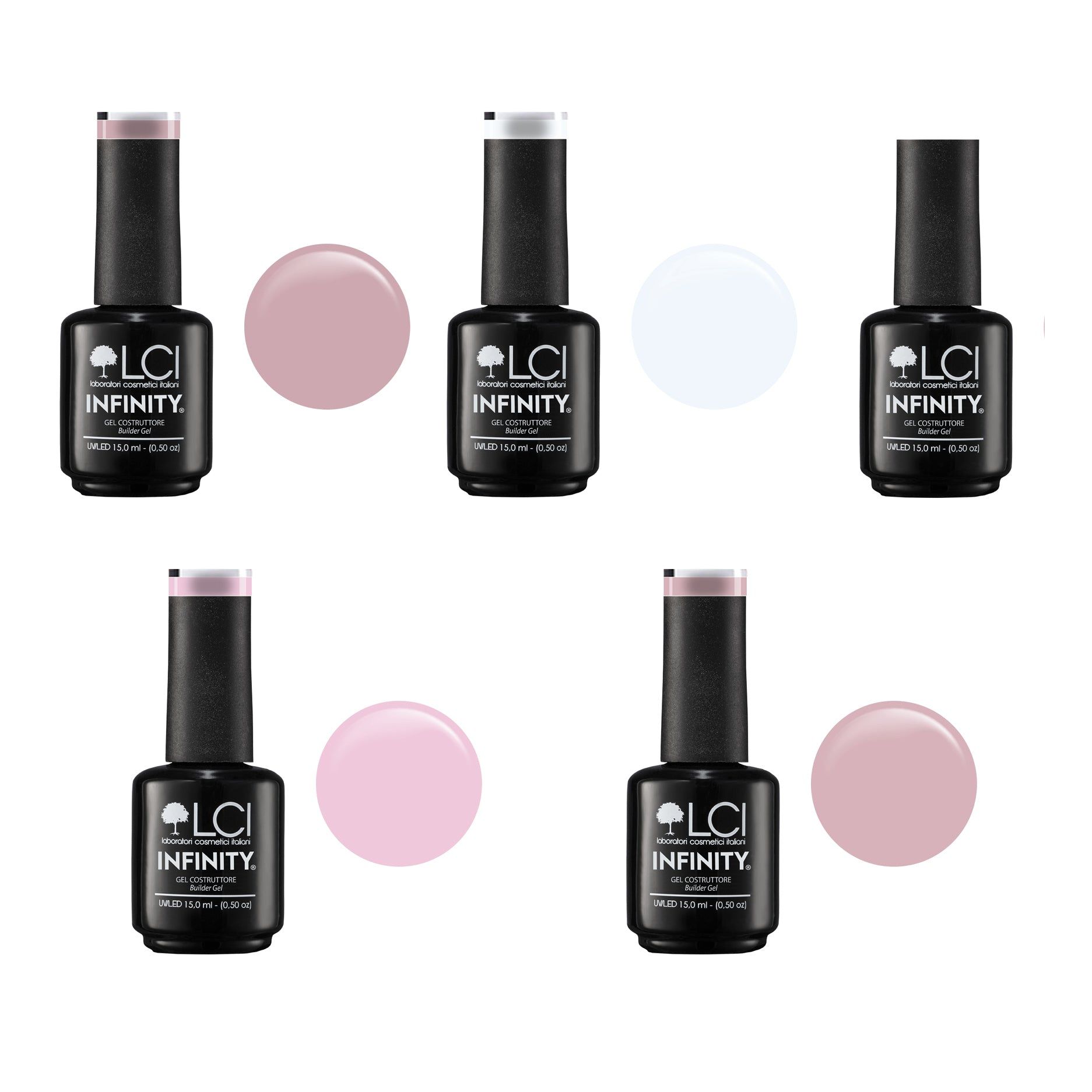 Diverse bottiglie di smalto con macchie colorate. Bottiglie nere con stampa bianca. Scritta: LCI INFINITY.