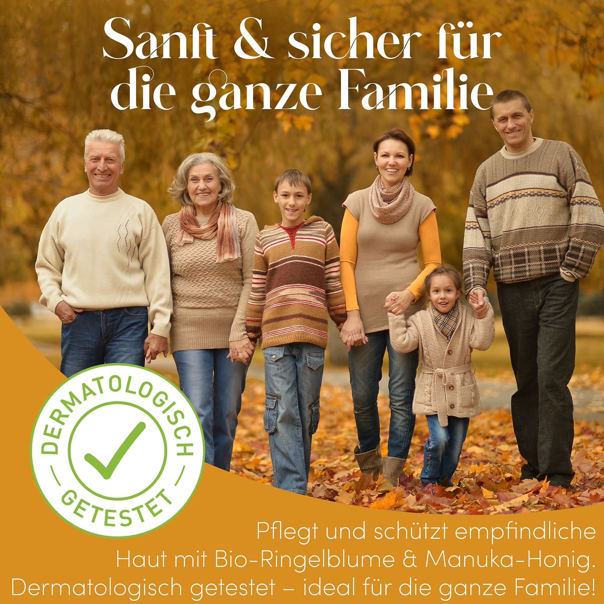 Famiglia in autunno. Testo: Delicato & sicuro per tutta la famiglia. Dermatologicamente testato. Cura e protegge la pelle sensibile.