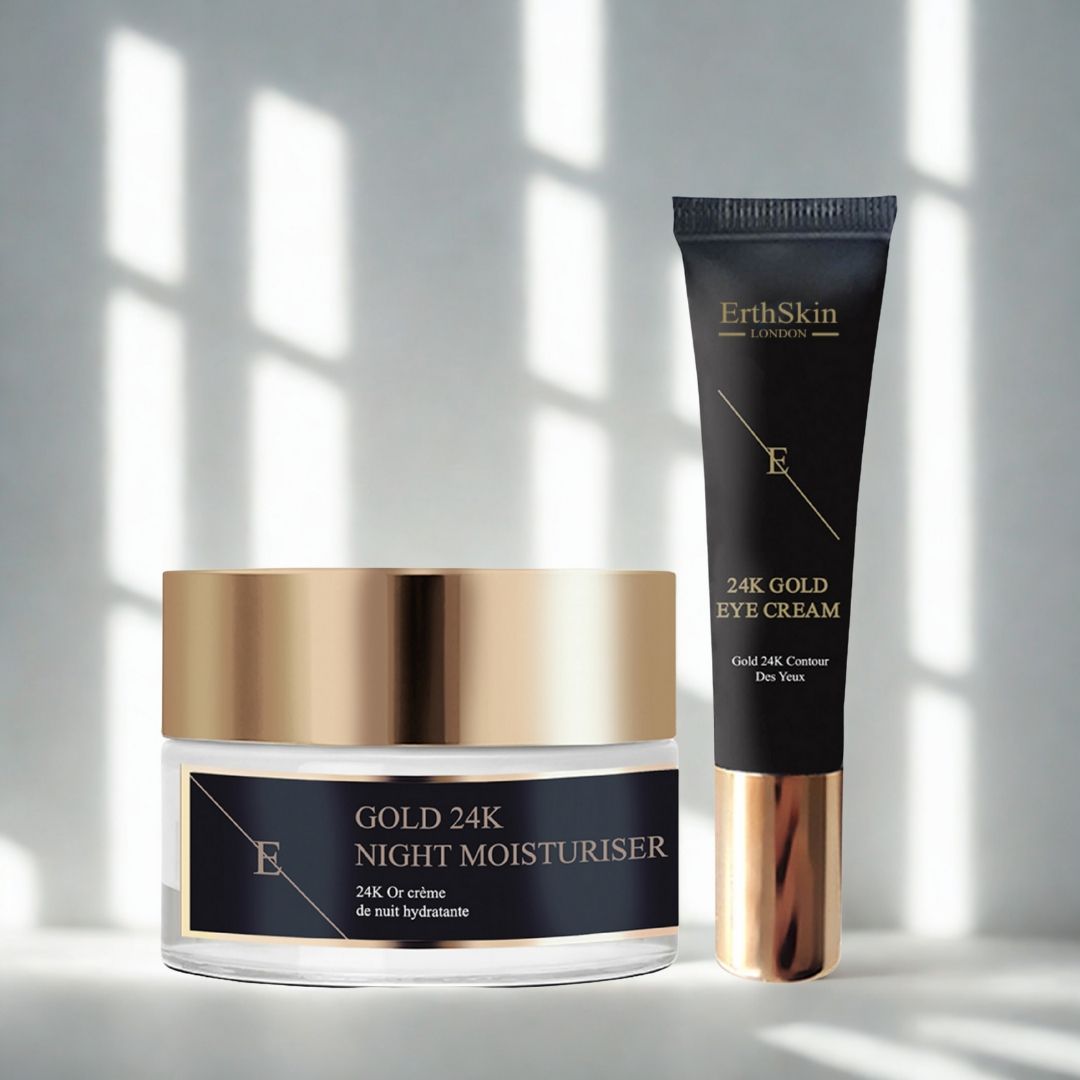 Crema notte e contorno occhi ErthSkin London. Coperchi dorati. Etichette nere con testo bianco. Testo: 24K Gold.
