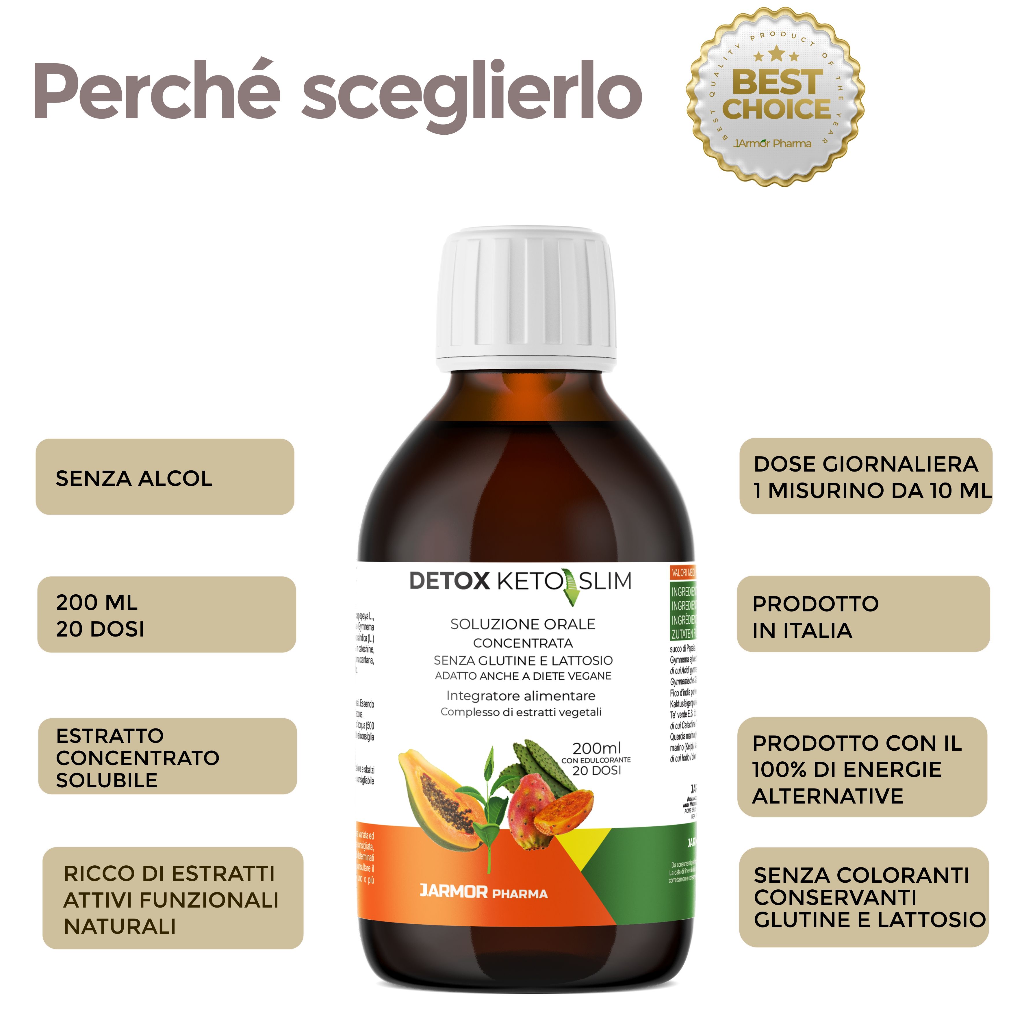 Flacone Detox Keto Slim con etichetta e informazioni, circondato da caselle di testo.