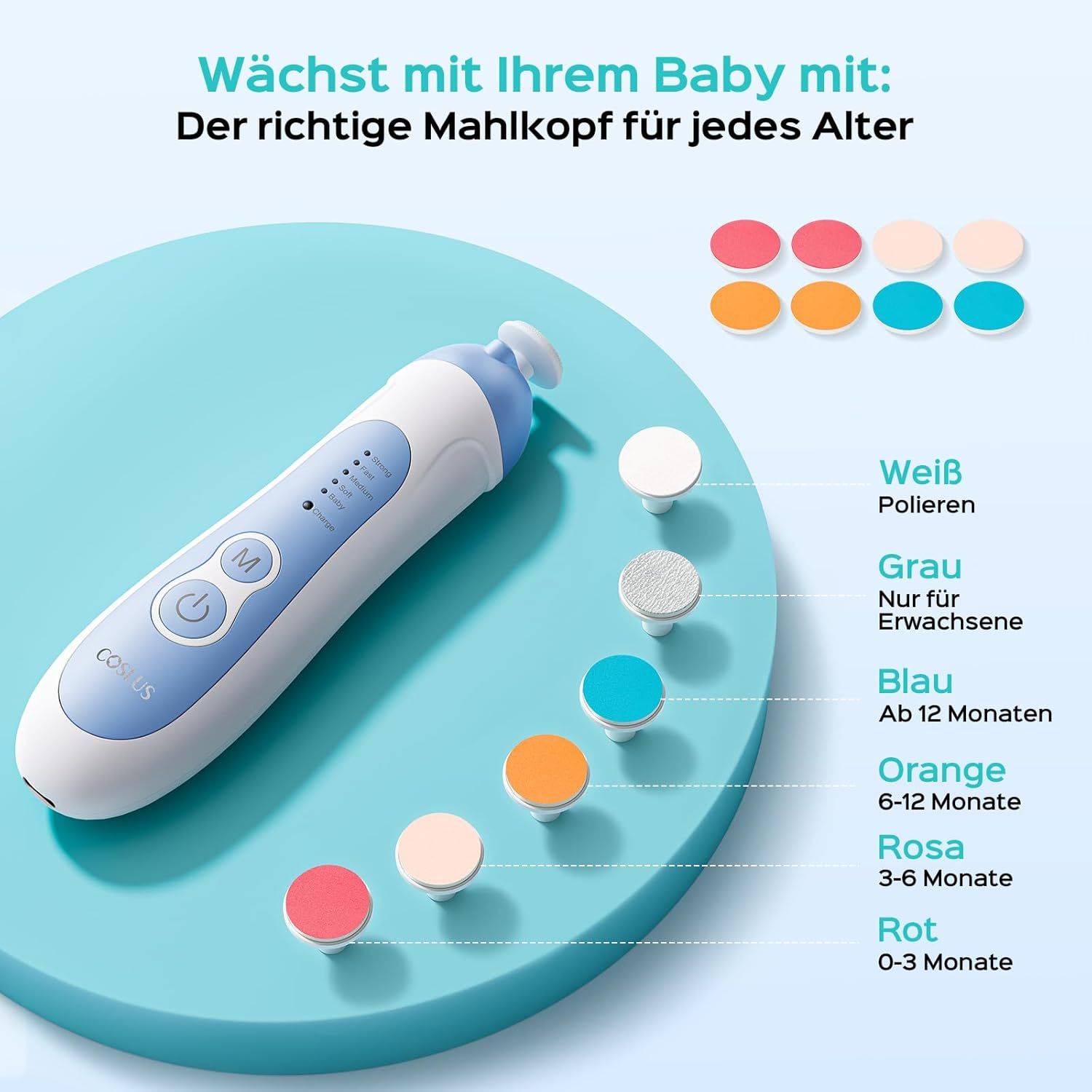 Lima per unghie elettrica, blu e bianca. Su sfondo blu. 8 accessori di diversi colori. Per diverse fasce d'età.