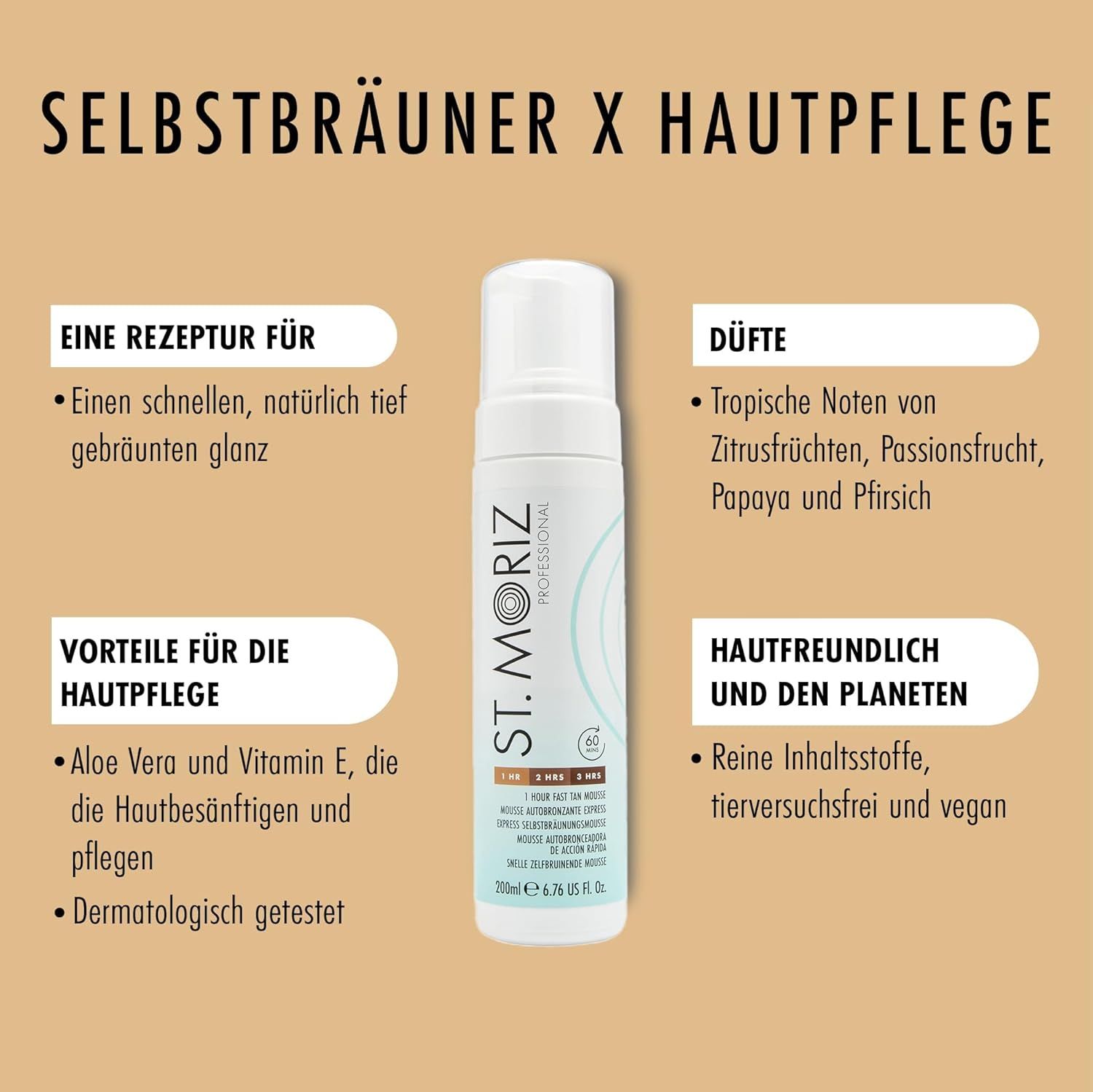 Mousse autoabbronzante. Contiene aloe vera e vitamina E. Dermatologicamente testato. Vegano.