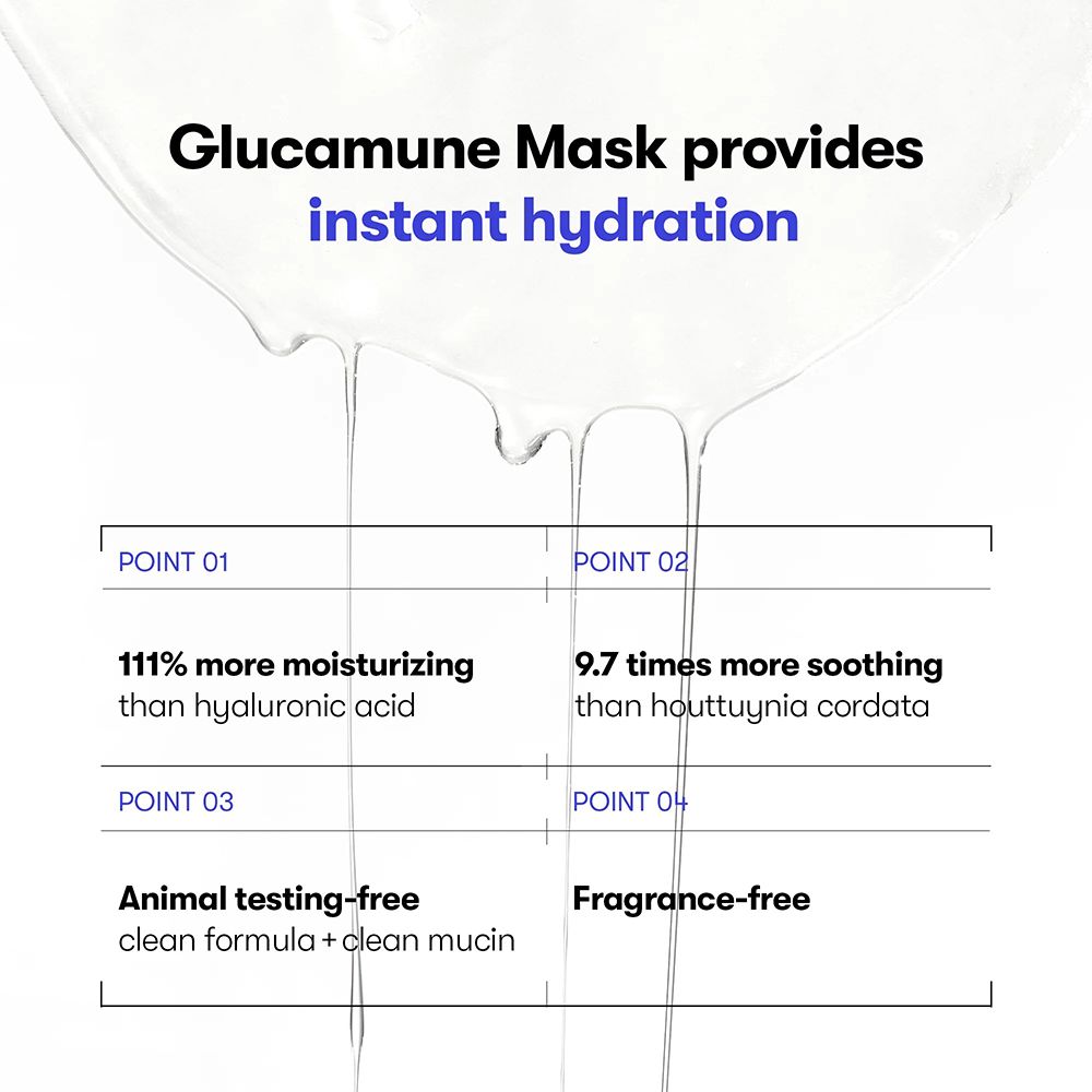Grafico con testo: La maschera Glucamune fornisce idratazione immediata. 111% più idratante dell'acido ialuronico. Senza test sugli animali. Senza profumo.