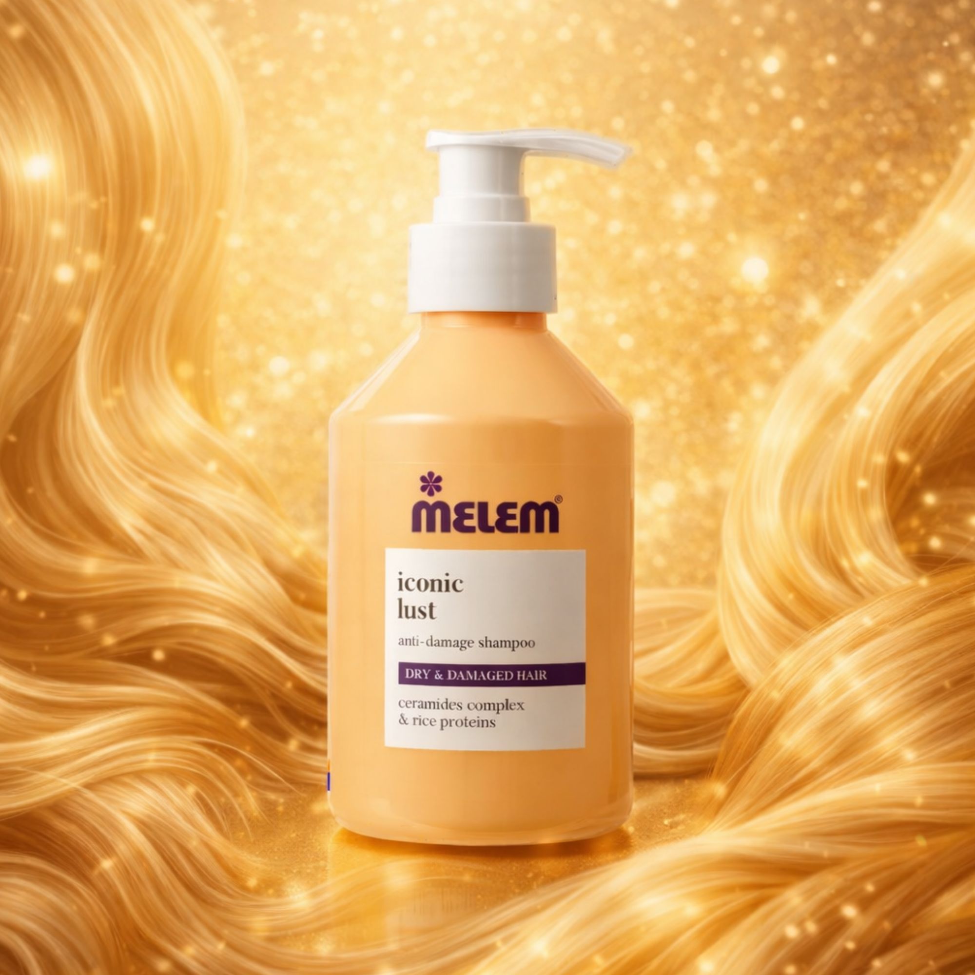 Flacone di shampoo beige con dosatore bianco. Scritta: Melem iconic lust. Anti-Damage Shampoo. Per capelli secchi e danneggiati. Sfondo: capelli dorati.