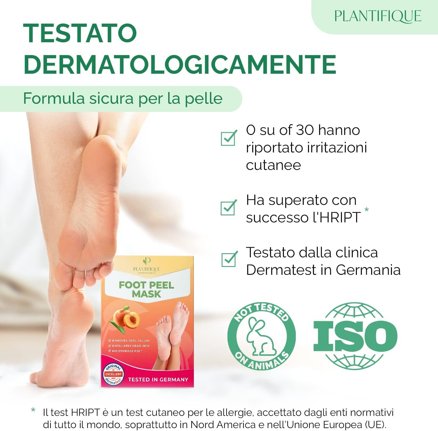 Confezione di maschera per i piedi e piedi. Testo: Testato dermatologicamente. Non testato sugli animali. Certificazione ISO. Testato in Germania.