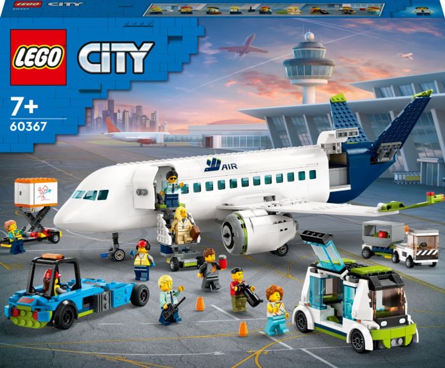 Set LEGO City con aereo, scena aeroportuale e minifigure. Confezione con logo e raccomandazione d'età.