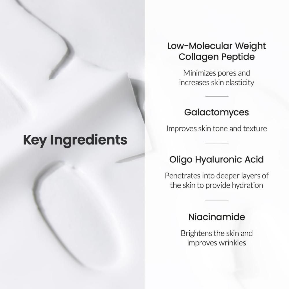 Grafica con ingredienti: peptide di collagene, Galactomyces, acido ialuronico, niacinamide.