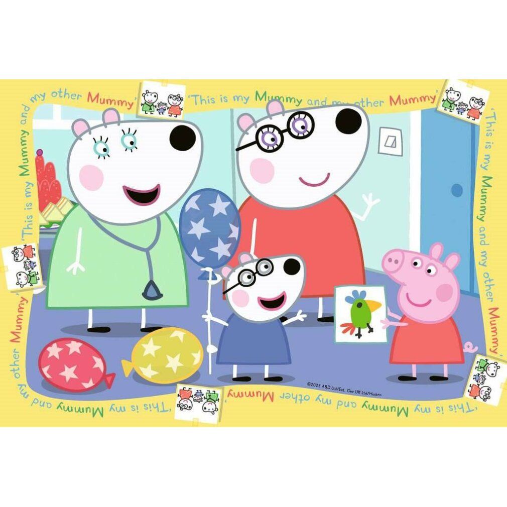 Puzzle Peppa Pig, 35 pezzi. Motivo del puzzle con Peppa Pig e famiglia. Cornice gialla con testo.