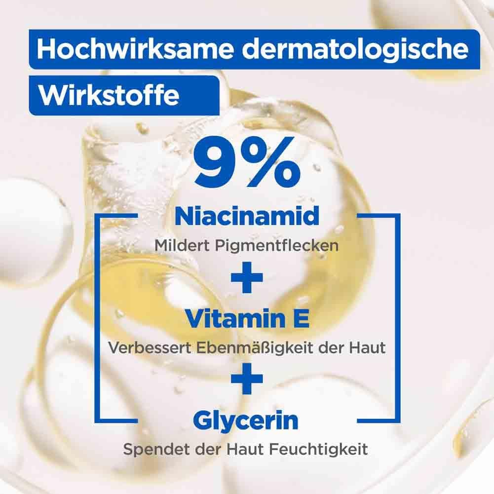 Primo piano degli ingredienti: 9% Niacinamide, Vitamina E, Glicerina. Testo: Ingredienti dermatologici altamente efficaci.