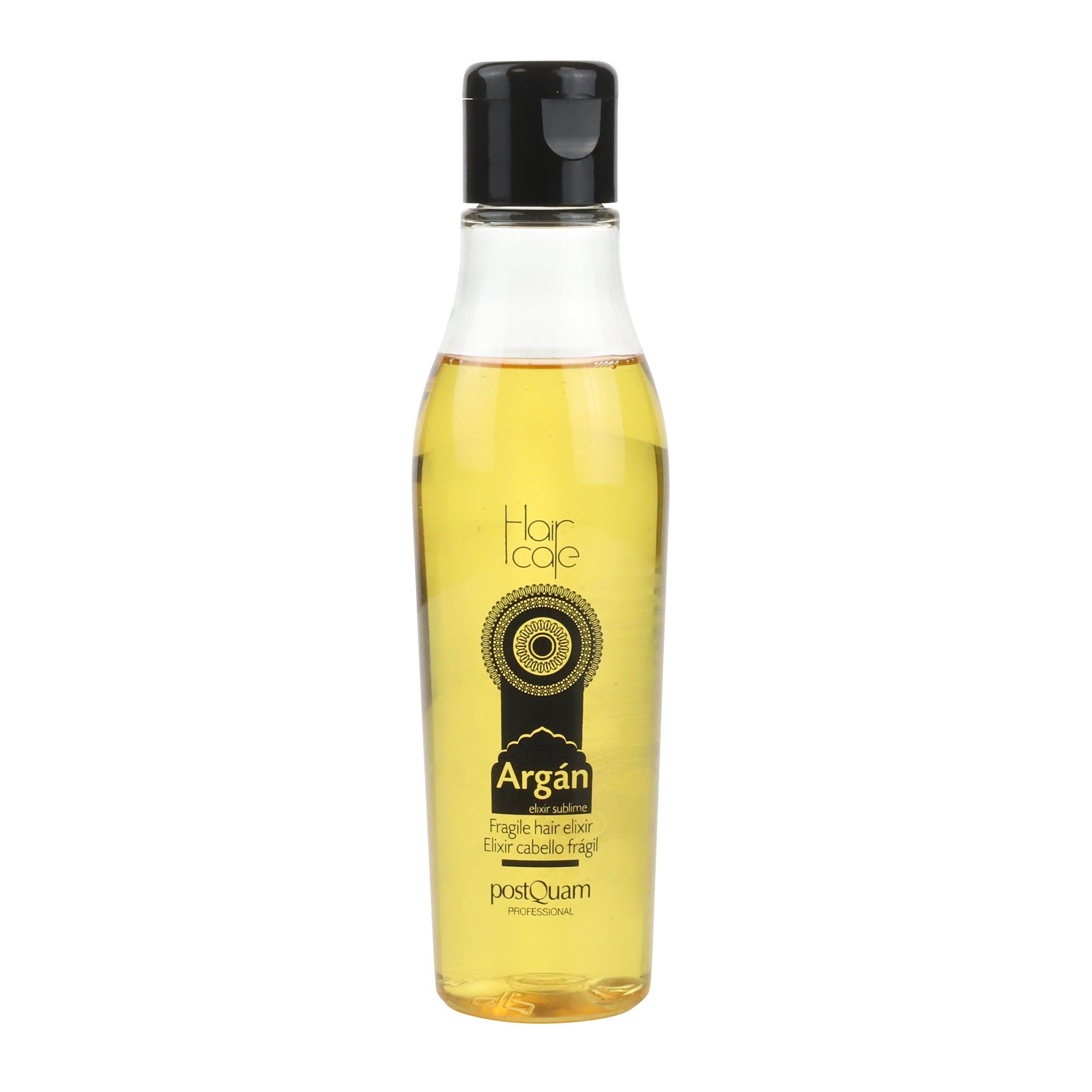 Flacone trasparente con olio giallo. Tappo nero. Scritta: Argán, Fragile hair elixir, PostQuam.