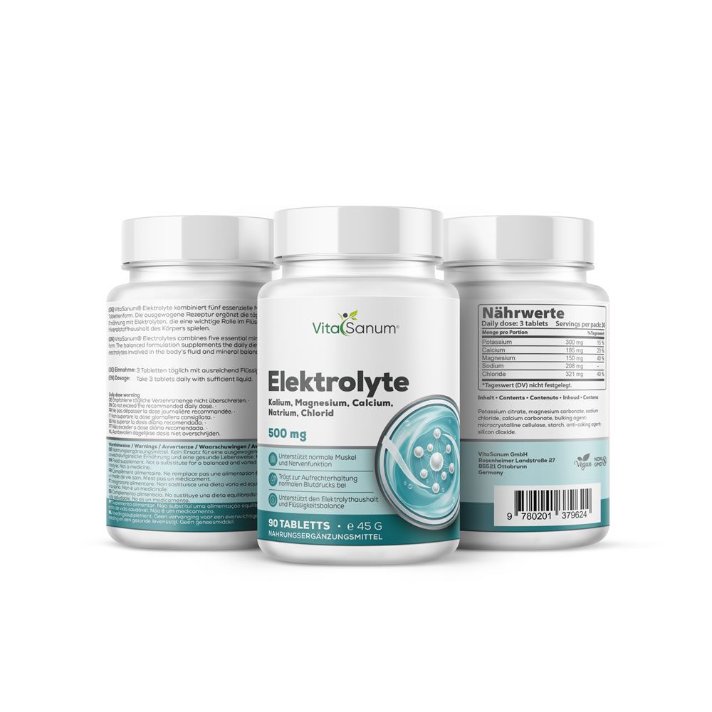 Tre flaconi di compresse VitaSanum Elektrolyte. Flacone centrale: Elektrolyte, 500 mg, 90 compresse. Grafica verde e bianca.